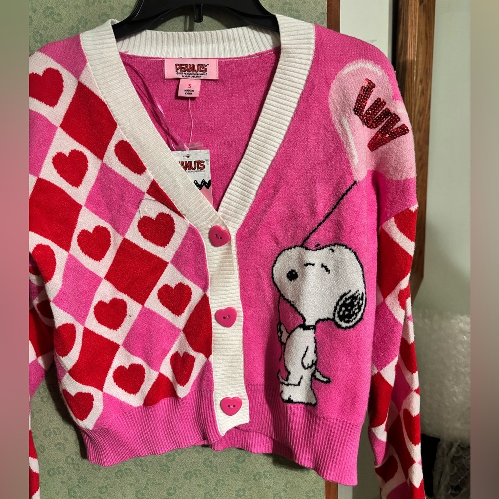 Peanuts Pink and Red Heart Cardigan size S